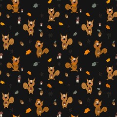 Seamless pattern on the autumn theme . funny squirrels, acorns, mushrooms are drawn in the kartun style . A pattern for clothing, fabric, and other items.