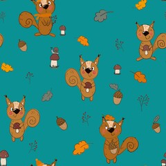 Seamless pattern on the autumn theme . funny squirrels, acorns, mushrooms are drawn in the kartun style . A pattern for clothing, fabric, and other items.