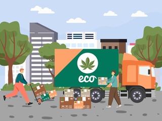 Loaders loading hemp delivery truck with boxes, vector illustration. Cannabis delivery service, legal marijuana business