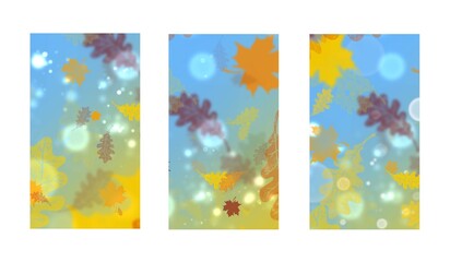 Raster background for Social Media Stories. Bright colored background with autumn leaves.