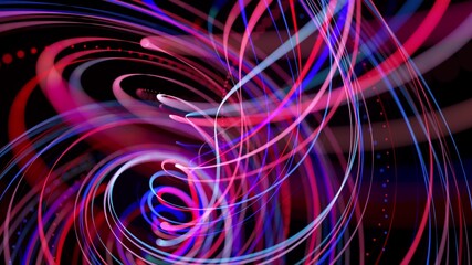 Abstract background with light trails, stream of red blue neon lines in space form spiral shapes. Modern trendy motion design background. Light flow bg. 3d render