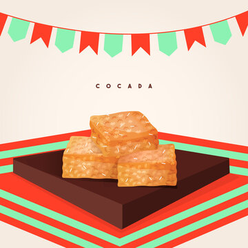 Brazilian cocada (brown coconut candy) placed in a wooden board with colored tablecloth, selective focus. Vector illustration.