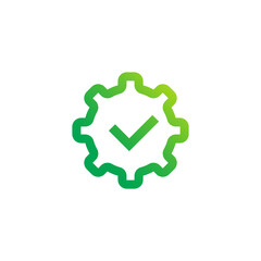 Approved Cogwheel Logo. Check Mark Inside Gear Green Symbol Icon Template Element
