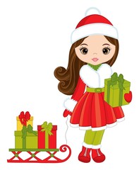 Cute Girl Pulling Sleigh with Christmas Gift Boxes