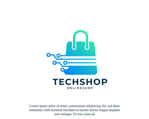 Digital Shop Symbol. Shopping Hand Bag with Electronic Computer Chip Design Template Element
