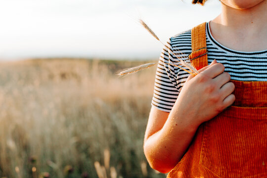Yellow grain holding to chest horizonal shot. 