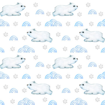 Seamless baby pattern with polar bear, snowflakes and stylized waves. Watercolor hand drawn illustration on a white background.