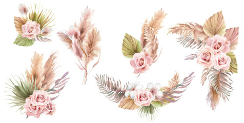 Watercolor boho floral bouquet  of pampas grass branches, palm leaves, dry flower, roses in pastel colors. Illustration for web design, print, fabric textile, wedding invitation and greeting cards