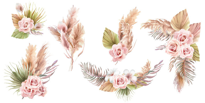 Watercolor boho floral bouquet  of pampas grass branches, palm leaves, dry flower, roses in pastel colors. Illustration for web design, print, fabric textile, wedding invitation and greeting cards