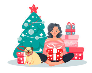 New Year's illustration for the New Year and Christmas. A young girl with a dog is sitting under a Christmas tree surrounded by many gifts. Vector illustration in cartoon style