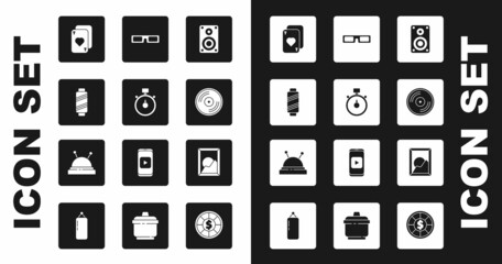 Set Stereo speaker, Stopwatch, Sewing thread on spool, Playing cards, Vinyl disk, Cinema glasses, Picture landscape and Needle bed needles icon. Vector