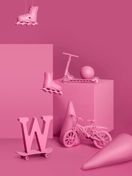 Pink Monochromatic Still Life With Wheeled Objects