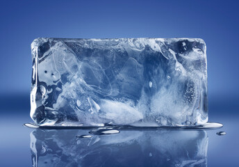 A horizontal rectangular block of ice on blue background with clipping path.