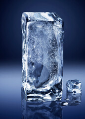 Vertical rectangular block of ice on dark blue background.