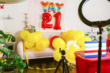 Room prepared for online graduation celebration