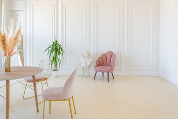 delicate and cozy light interior of the living room with modern stylish furniture of pastel pink color and white walls with stucco moldings in daylight