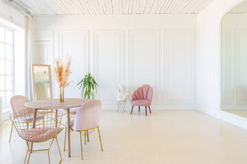 delicate and cozy light interior of the living room with modern stylish furniture of pastel pink color and white walls with stucco moldings in daylight