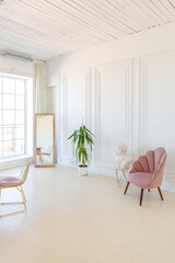 delicate and cozy light interior of the living room with modern stylish furniture of pastel pink color and white walls with stucco moldings in daylight