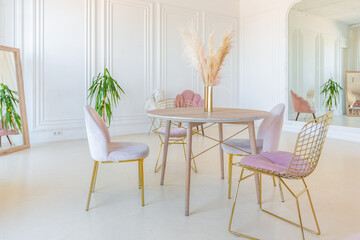delicate and cozy light interior of the living room with modern stylish furniture of pastel pink color and white walls with stucco moldings in daylight