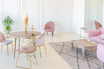 delicate and cozy light interior of the living room with modern stylish furniture of pastel pink color and white walls with stucco moldings in daylight