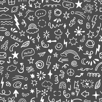 Vector seamless pattern with different doodles, bubbles, stars, clouds, rainbows. Hand drawn design for wallpaper, wrapping, stationery, textile.