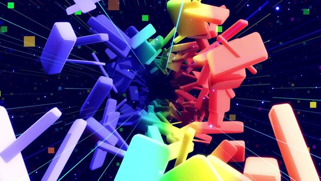 Bright beautiful geometric background. Flight through art space filled with rectangular or cubic structures, neon light. Rainbow color gradient. VJ loops. 4k 3d render motion graphics bg