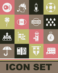Set Double decker bus, Money bag with pound, Water drop, Vintage street light, Rugby ball, Four leaf clover, British breakfast and London sign icon. Vector