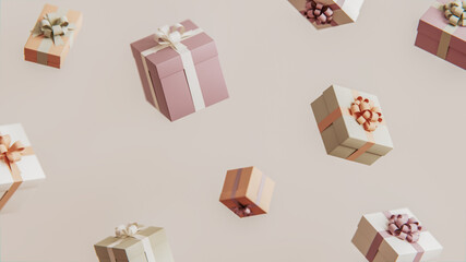 Levitating gift packages in warm colors