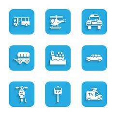 Set Cargo ship with boxes, Road traffic signpost, TV News car, Hatchback, Scooter, Wild west covered wagon, Police and flasher and Bus icon. Vector