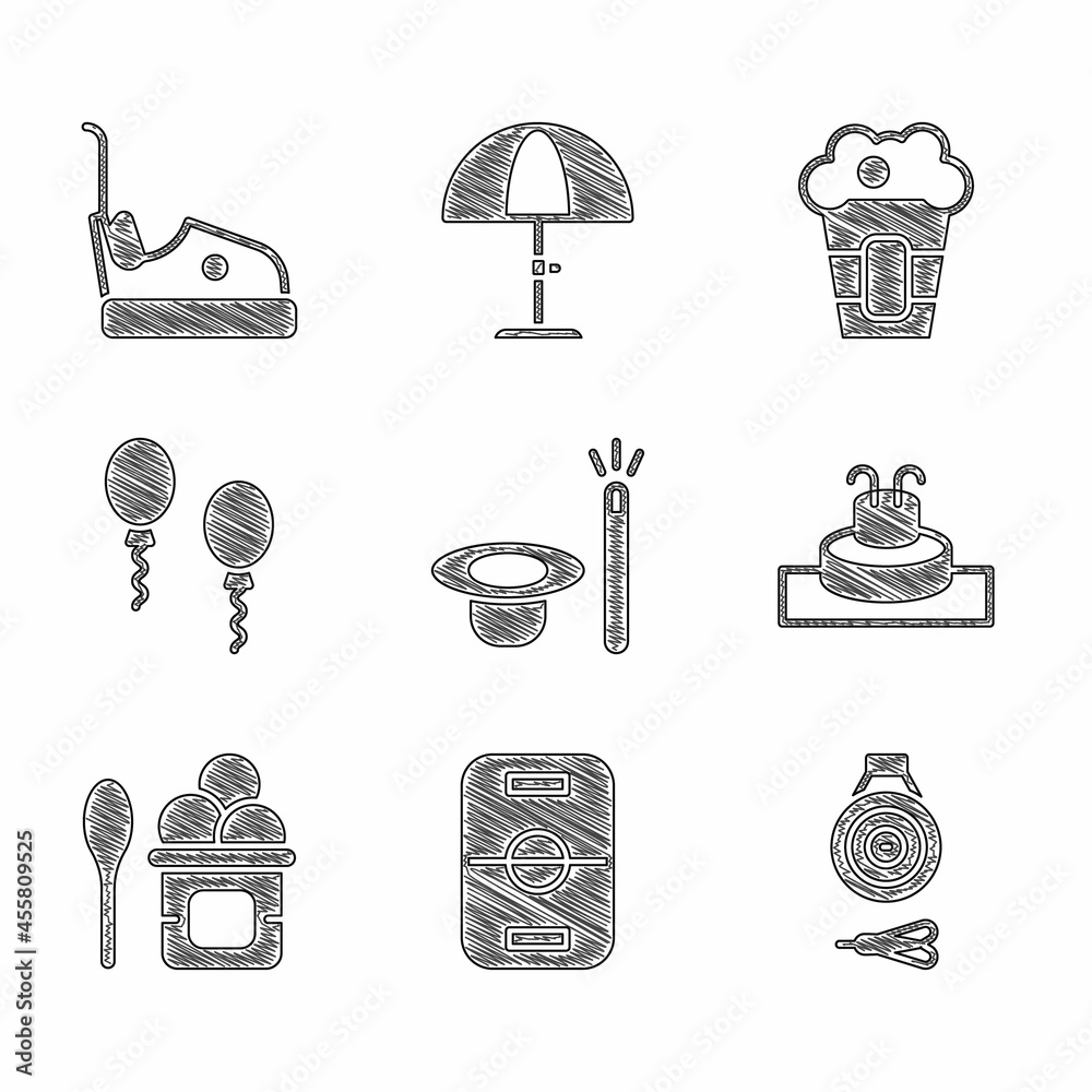 Sticker Set Magic hat and wand, Hockey table, Classic dart board arrow, Fountain, Ice cream bowl, Balloons, Popcorn box and Bumper car icon. Vector