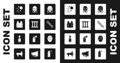 Set Gas mask, Prison window, Bulletproof vest, Flying stone, Chain link, Special forces soldier and Hand grenade icon. Vector