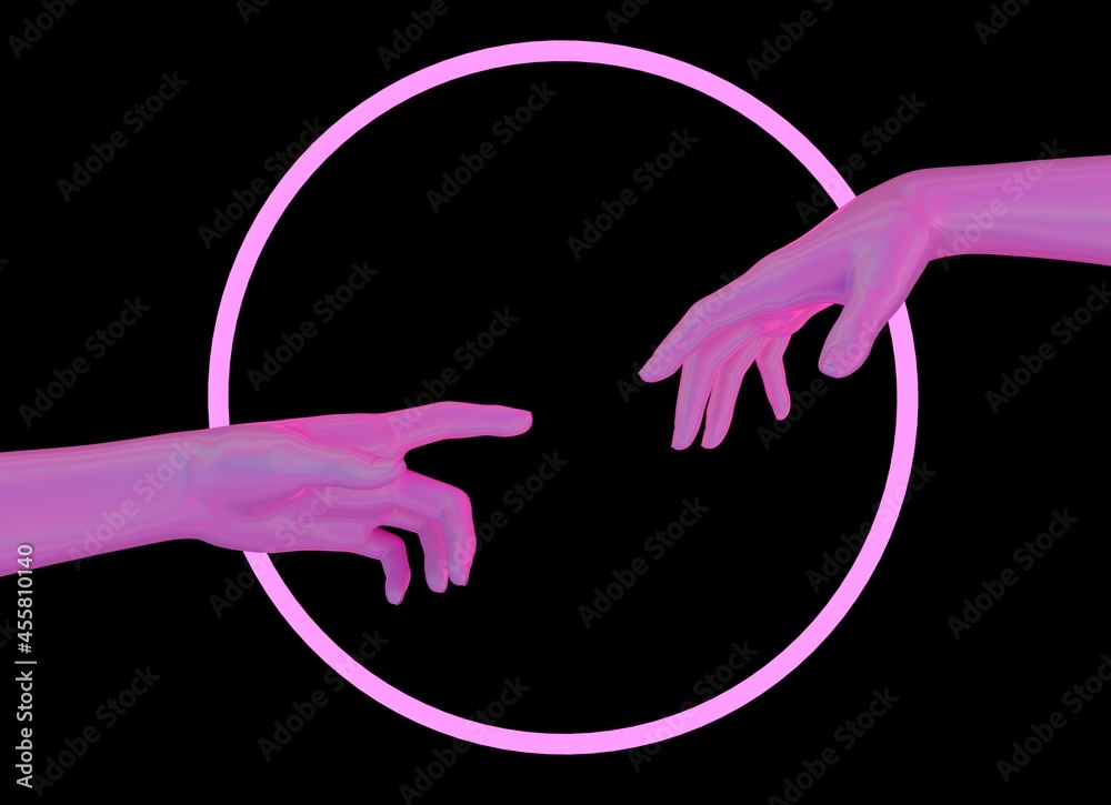 Poster modern 3d illustration with two hands about to touch each other in neon lights, reminiscent of the s