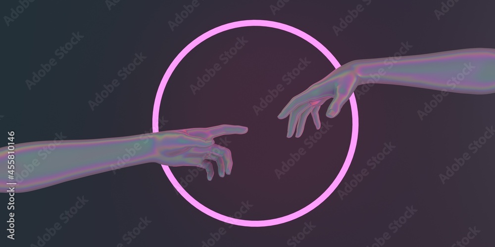 Aufkleber modern 3d illustration with two hands about to touch each other in neon lights, reminiscent of the s