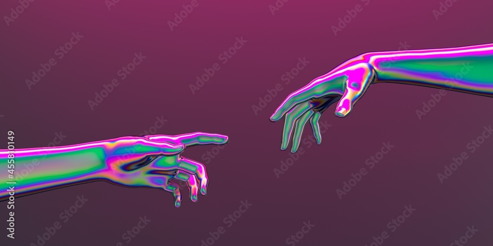 Poster modern 3d illustration with two hands about to touch each other