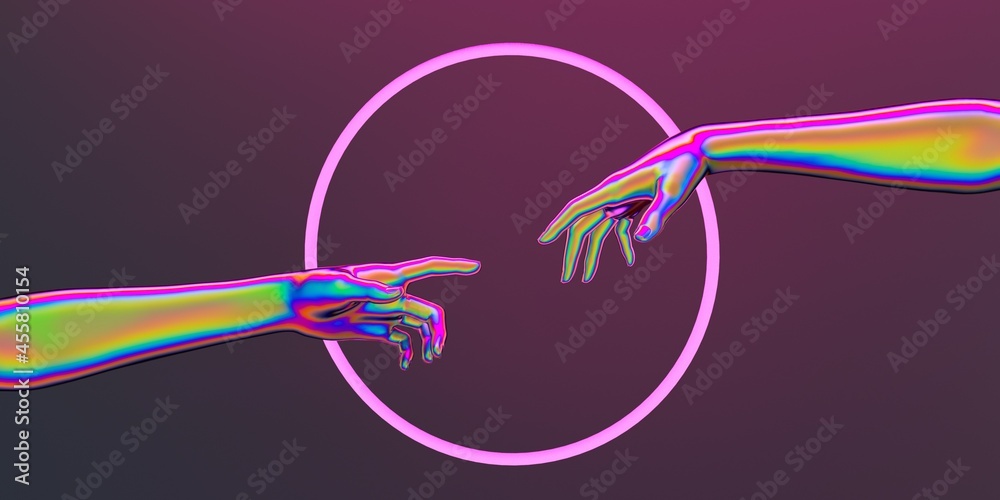 Poster Modern 3d illustration with two hands about to touch each other in neon lights, reminiscent of the scene of Adam's creation.
