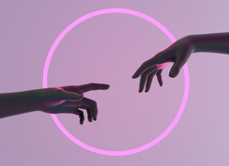 Modern 3d illustration with two hands about to touch each other in neon lights, reminiscent of the scene of Adam's creation. - obrazy, fototapety, plakaty