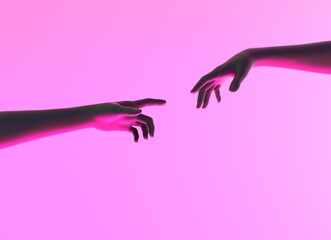 Modern 3d illustration with two hands about to touch each other - obrazy, fototapety, plakaty