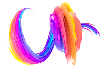 Multicolored abstract twisted brush stroke. Bright curl, artistic spiral. 3D rendering image