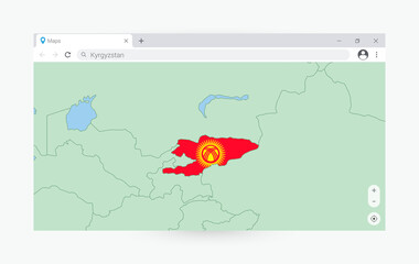 Browser window with map of Kyrgyzstan, searching  Kyrgyzstan in internet.