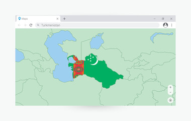 Browser window with map of Turkmenistan, searching  Turkmenistan in internet.