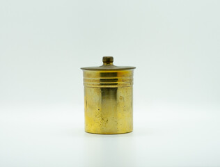 historical item collection formed from brass. the artificial brass mug used for decorating an old building to give the ethnic nuance.