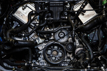 Modern car engine. Close up, abstract machine background