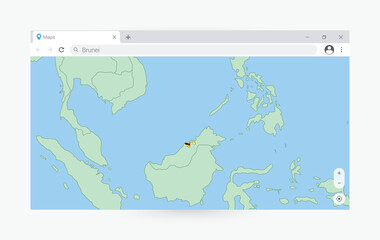 Browser window with map of Brunei, searching  Brunei in internet.