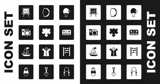 Set Racket and ball, Puzzle pieces toy, Photo camera, Chalkboard, Toy piano, Bow, Abacus and boat icon. Vector