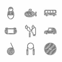 Set Slingshot, Jump rope, Basketball ball, Toy car, Yoyo toy, Portable video game console, Bus and Tumbler doll icon. Vector