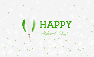 Nigeria National Day patriotic poster. Flying Rubber Balloon in Colors of the Nigerian Flag. Nigeria National Day background with Balloon, Confetti, Stars, Bokeh and Sparkles.