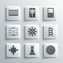 Set Chess, Checker game chips, Mahjong pieces, Casino roulette wheel, Puzzle toy, Hockey table, Board and Tetris icon. Vector