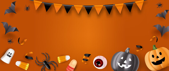 Halloween party background with candy, eyeballs, spiders, bats and pumpkins. Vector