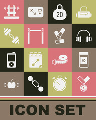 Set Medal, Anabolic drugs, Headphones, Kettlebell, Horizontal bar, Dumbbell, Bench with barbel and Vitamin pill icon. Vector