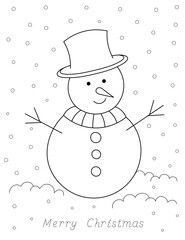 coloring page with a big snowman in winter outfit and merry christmas lettering, black and white outline illustration. you can print it on standard paper
